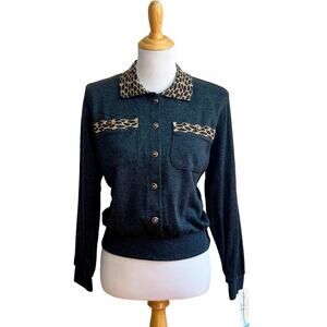 Vintage Alfred Dunner Sweater Cropped Grey L Petite Collared 90s Made in USA New